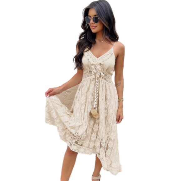 Women's Cream Floral Lace Hi-Low Dress Casual Boho Flowy Tassel Tahitian Dress - Picture 4 of 11